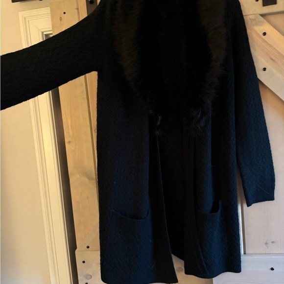 NWOT Lovestitch Black Faux Fur Trim Coatigan - Picture 6 of 14